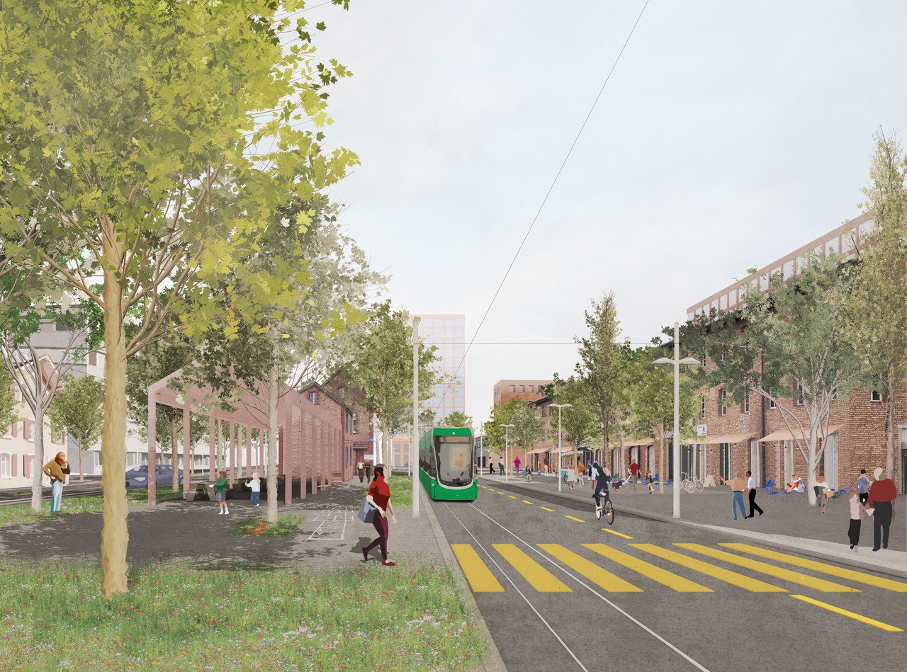 Visualisierung der Binningerstrasse mit Tram, Velostreifen und Grünraum nach der Neugestaltung