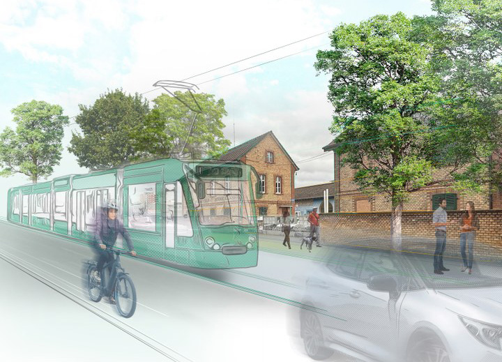 Visualisierung der Binningerstrasse mit Tram, Velostreifen, Fussgängern und motorisiertem Individualverkehr nach der Neugestaltung