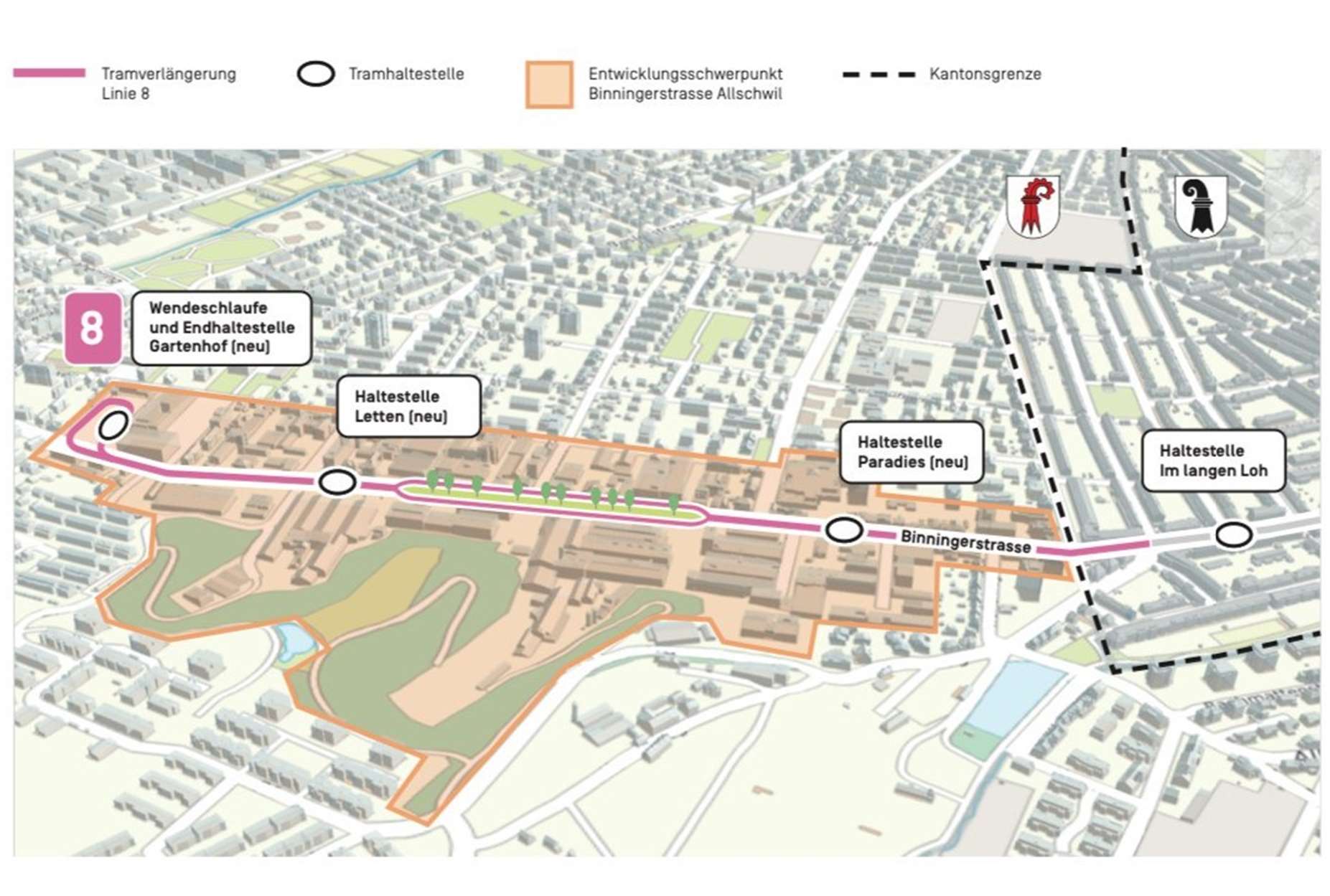 Karte der geplanten Tramverlängerung Linie 8 mit Haltestellen und Entwicklungsschwerpunkt Binningerstrasse